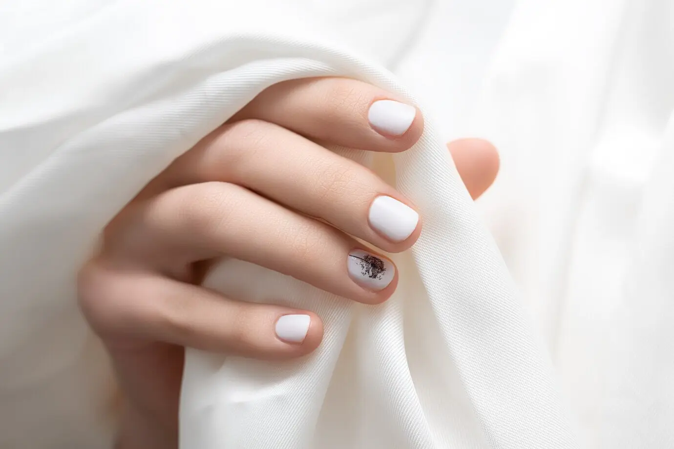 Nahaufnahme einer weiblichen Hand mit weißem Nageldesign.